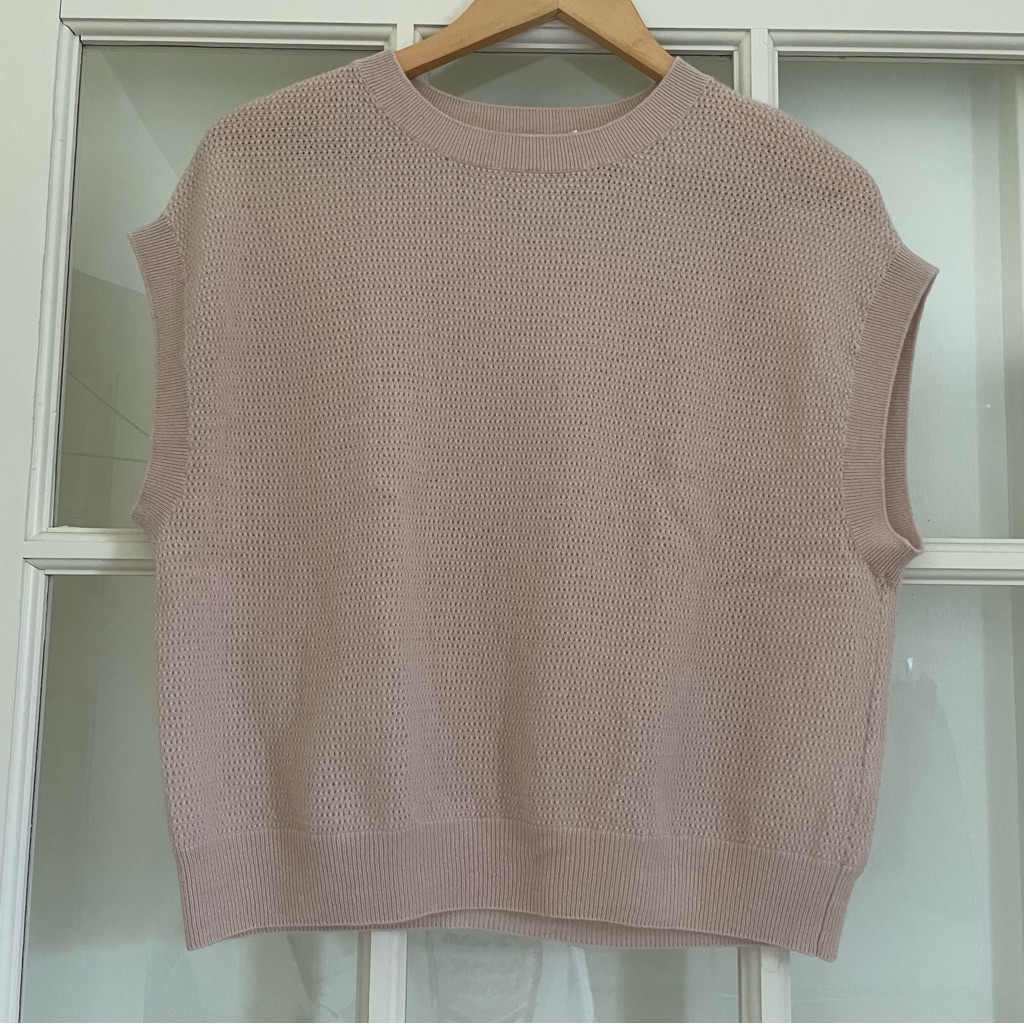 Vince Wool Cashmere Light Pink Layered Perforated Jumper Short Sleeve Sweater Xs